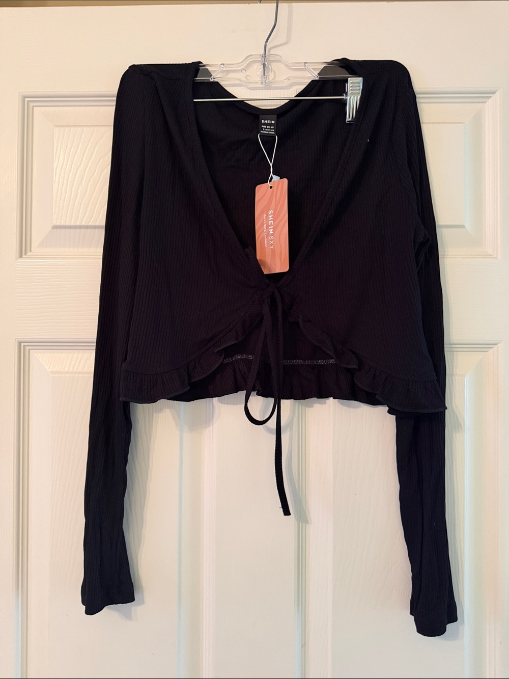 SHEIN Black Ribbed Tie-Front Long Sleeve Crop with Ruffle Hem